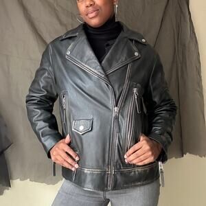 Zara Washed out Black Distressed Faux Leather Moto Jacket Size Large